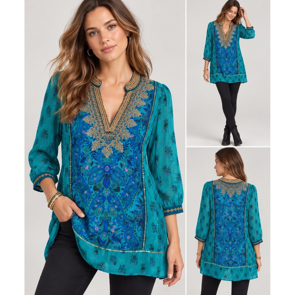 Soft Surroundings Teal Blue Paisley Beaded Tunic Top Women Boho Split V-Neck XS